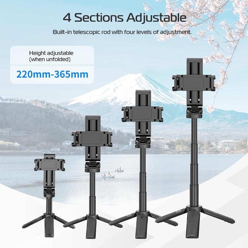 JJ02 Selfie Stick Tripod, Extendable Grip Phone Tripod with Detachable Remote Pocket Size, 3-in-1 Mini Phone Grip 2 Cold Shoe, 10m 393.7'' Wireless Shutter, Vlog Livestreaming Photography