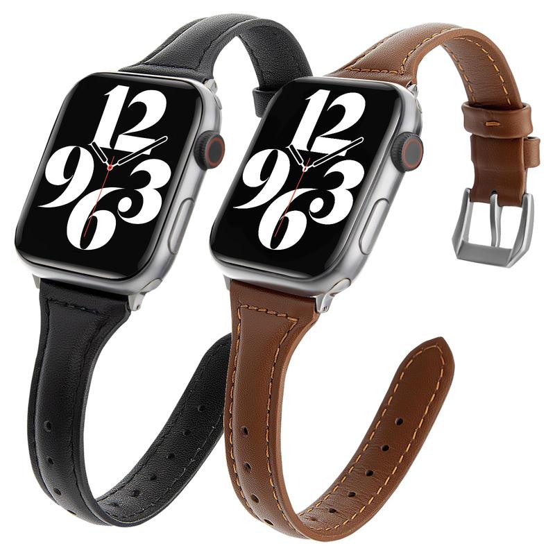 2 pack Slim Genuine Leather Bands Compatible with Apple Watch Band 38mm 40mm 41mm 42mm 44mm 45mm 49mm,Top Layer Leather Watch Thin Women Men Straps for iWatch Series 9 8 7 6 5 4 3 2 1 Ultra SE Wearable Accessories