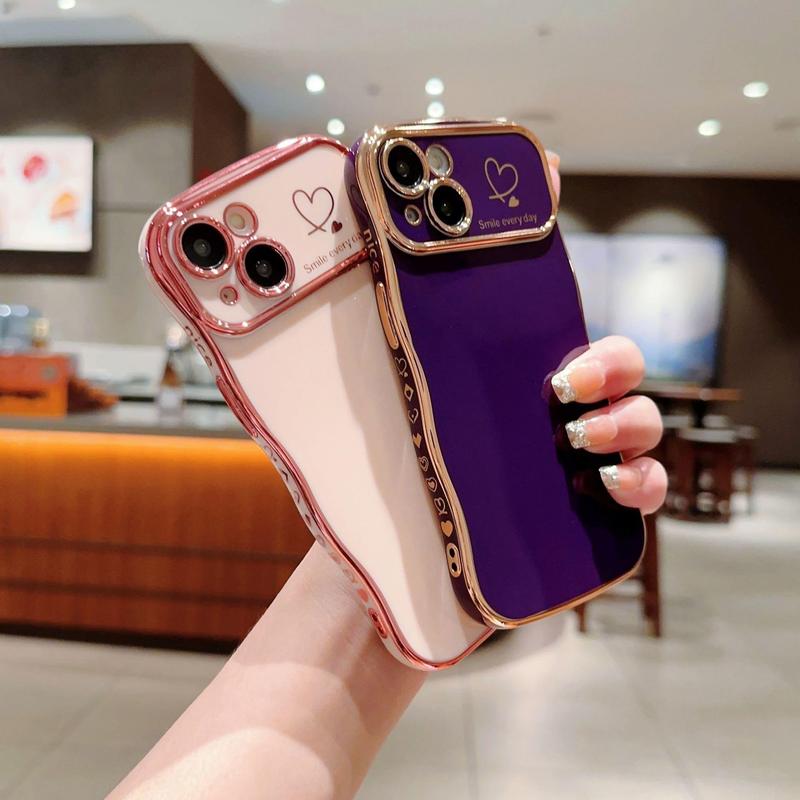 for iPhone Case for Women Girls, Compatible with iPhone 11 to 16 Pro Max Cute Wave Frame Curly Shape with Love Heart Raised Camera Protection Cover Luxury Plating Shockproof Case