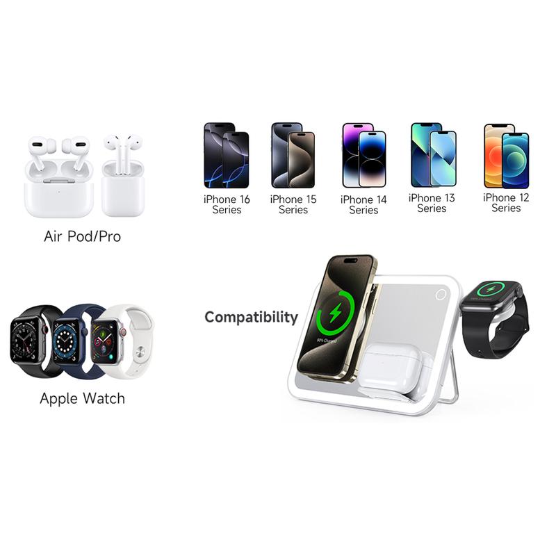 3 in 1 Wireless Charging Station, ANPULES Magnetic Wireless Charging Dock with Vanity Mirror, Foldable Quick Charger Dock for iPhone 16 Pro 16 Plus 15 14 13 12 and iWatch Ultra 2 Ultra 10 9 8 7 6 5 4 3 2 and AirPods 4 3 2 Smartphones Electronics