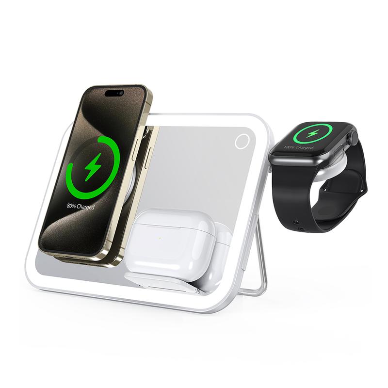 3 in 1 Wireless Charging Station, ANPULES Magnetic Wireless Charging Dock with Vanity Mirror, Foldable Quick Charger Dock for iPhone 16 Pro 16 Plus 15 14 13 12 and iWatch Ultra 2 Ultra 10 9 8 7 6 5 4 3 2 and AirPods 4 3 2 Smartphones Electronics