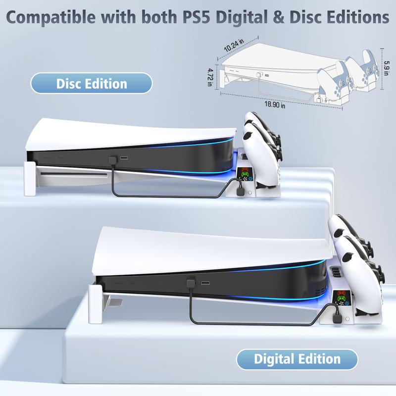 PS5 Horizontal Stand and Cooling Station with 3-Level Cooling Fan, Dual PS5 Controller Charger for Playstation 5 Controller, PS5 Console Accessories