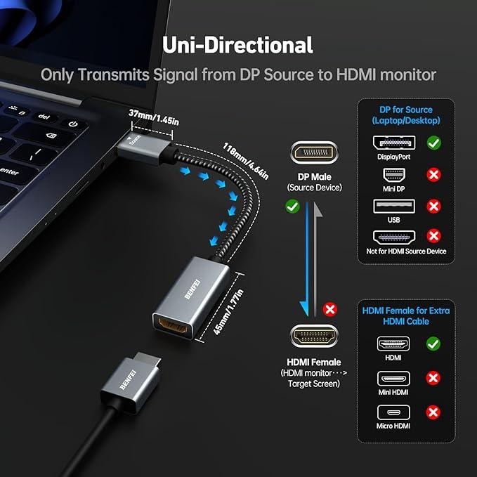 BENFEI 4K DisplayPort to HDMI Adapter Cable, (2K 60Hz, 1080p 120Hz) Uni-Directional Male to Female Converter Accessories Connector