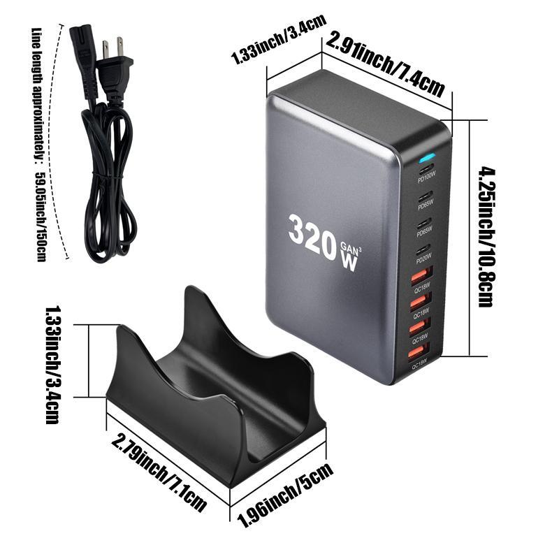 320W Desktop PD Charger, 4 USB A & 4 USB C Ports PD Charger, Multifunctional GaN 8-Port PD Charger for Home Office Use