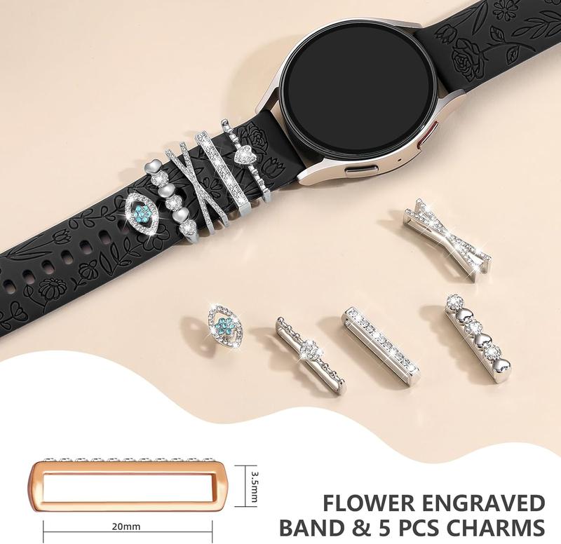 Flower Engraved Band Compatible with Samsung Galaxy Watch 7 Band FE 6 5 4 40mm 44mm,Galaxy Active 2, 20mm Watch Band Soft Silicone Replacement Strap with Decorative Charms Accessories Women