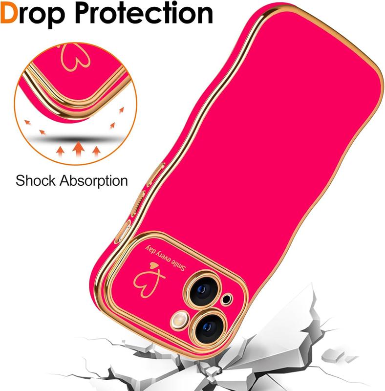 Soft TPU Silicone Phone Case For iPhone 16 15 14 Pro Max Case for Women Girls, Cute Wave Frame Curly Shape with Love Heart Raised Camera Protection Cover Luxury Plating Shockproof Phone Case