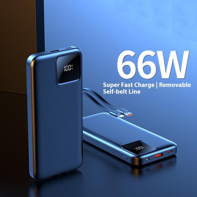 Portable charger with built-in cable, portable charger with wire Ultra-thin 10000-20000mAh travel battery pack 4 outputs 2 inputs 66W Fast charging mobile power for Samsung Google Pixel LG Mobile Phone Pad