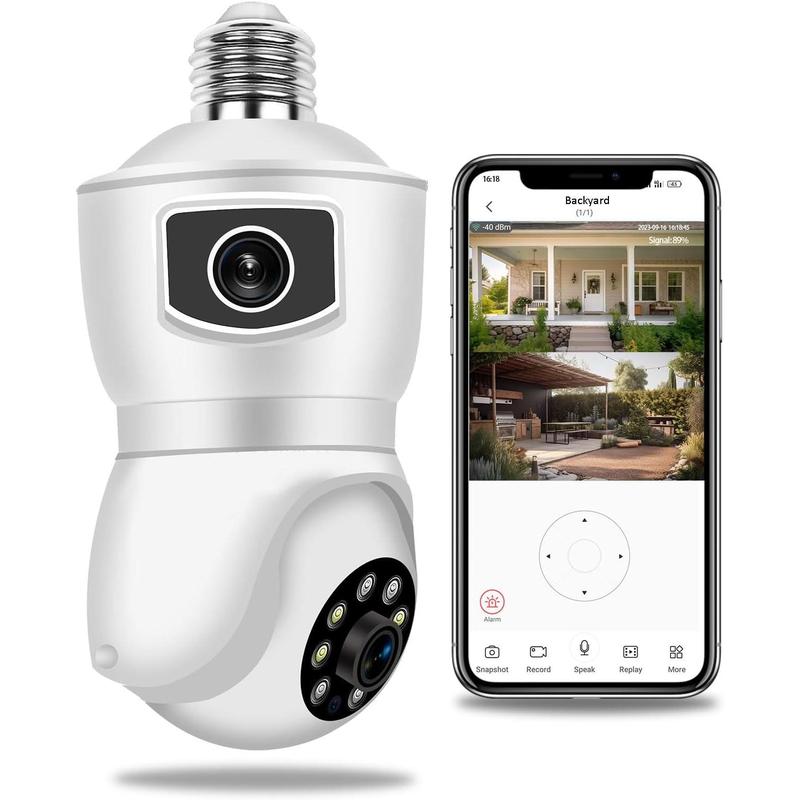 1080p light bulb security camera, dual lens 360 ° Wi-Fi home security cameras wireless outdoor indoor color night vision, motion tracking, audible alarm, easy installation IP cameras