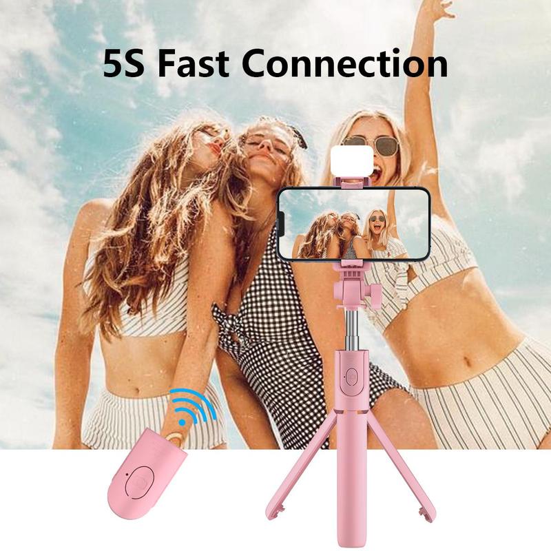 Portable Selfie Stick Tripod, Rechargeable Selfie Stick with Fill Light, Selfie Accessories for Outdoor Travel, Phone Accessories Compatible with iPhone & Android