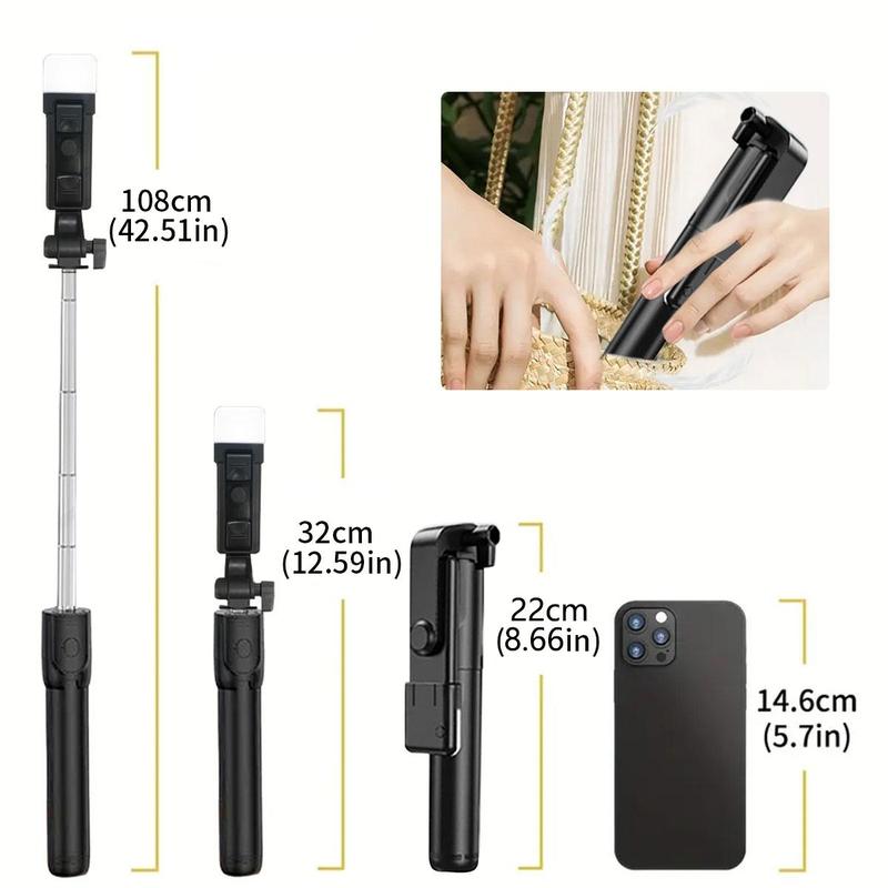 Portable Selfie Stick Tripod, Rechargeable Selfie Stick with Fill Light, Selfie Accessories for Outdoor Travel, Phone Accessories Compatible with iPhone & Android