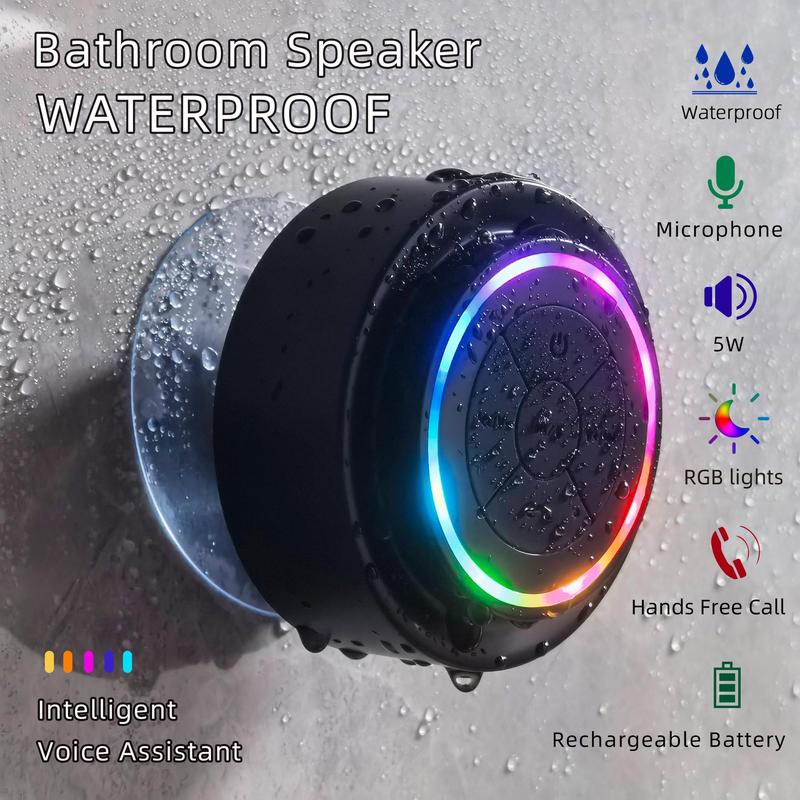 Portable Wireless Speaker, Waterproof Speaker with RGB Light, Rechargeable Bluetooth-compatible Speaker for Bathroom, Outdoor, Beach, Travel, Party