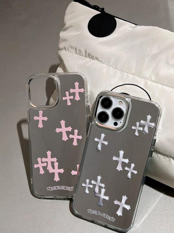 Chrome Heart Mirror Silver Pink CrossPhone Case for iPhone11 12 13 14 15Pro promax elegent for boys and Accessories