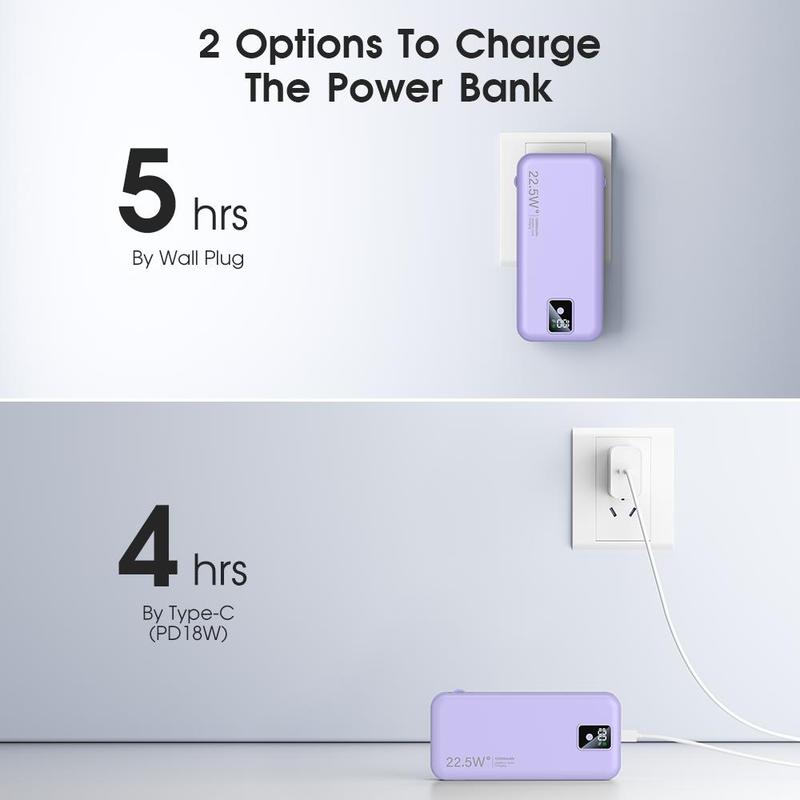 Portable Power Bank, 12000mAh Large Capacity Charging Bank with Built-in Charging Cable & AC Plug, LED Display External Battery Pack