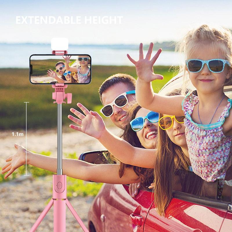 Portable Selfie Stick Tripod, Rechargeable Selfie Stick with Fill Light, Selfie Accessories for Outdoor Travel, Phone Accessories Compatible with iPhone & Android