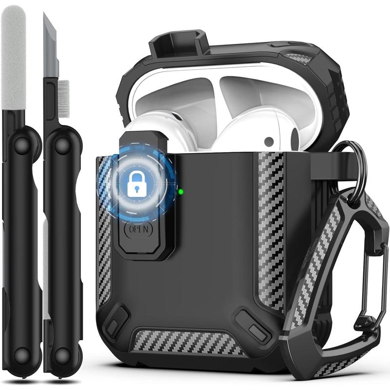 AirPod 2nd Generation Case Cover with Cleaner Kit, Military Hard Shell Protective Armor with Lock for AirPod Gen 1&2 Case, Front LED Visible,Black