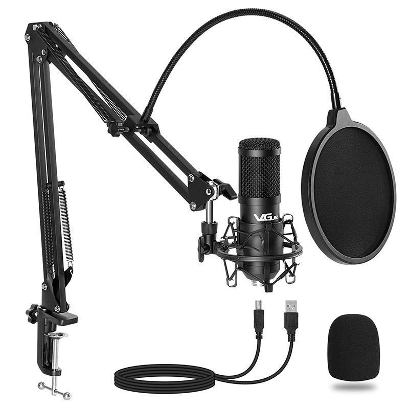 USB Microphone Kit, Professional Condenser Microphone with Arm Stand & Pop-Filter & Shock Mount, RGB Lighting Effect Silent Button Headphone Jack, for Recording Game Singing