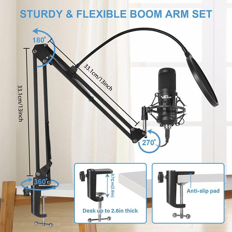 USB Microphone Kit, Professional Condenser Microphone with Arm Stand & Pop-Filter & Shock Mount, RGB Lighting Effect Silent Button Headphone Jack, for Recording Game Singing