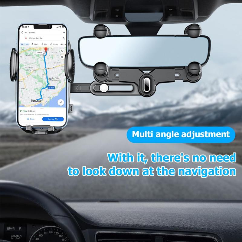 Car Rearview Mirror Phone Holder, 360° Rotatable & Retractable Phone Mount, Multifunctional GPS Holder with Anti-shake Design