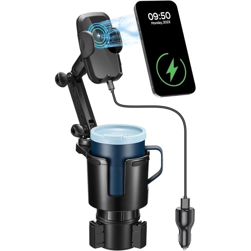 3-in-1   Charger Cup Holder, Upgrade 15W ,  Cup Holder Phone Mount with Adjustable Base & 360? Rotation Compatible for All Smartphones(with  Adapter)