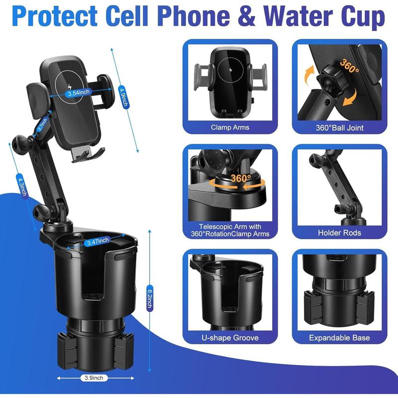 3-in-1   Charger Cup Holder, Upgrade 15W ,  Cup Holder Phone Mount with Adjustable Base & 360? Rotation Compatible for All Smartphones(with  Adapter)