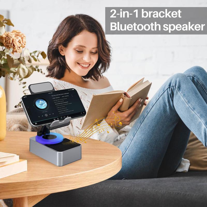 Cell Phone Stand with Wireless Bluetooth Speaker, HD Surround Sound, Rotatable Angle, Adjustable Anti-Slip Base, Perfect for Home Outdoor Use, Compatible with iPhone iPad Android, Portable Speaker Stand, Hands-Free Viewing, Compact Design