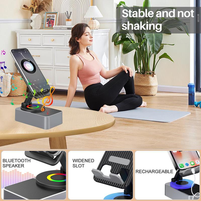 Cell Phone Stand with Wireless Bluetooth Speaker, HD Surround Sound, Rotatable Angle, Adjustable Anti-Slip Base, Perfect for Home Outdoor Use, Compatible with iPhone iPad Android, Portable Speaker Stand, Hands-Free Viewing, Compact Design