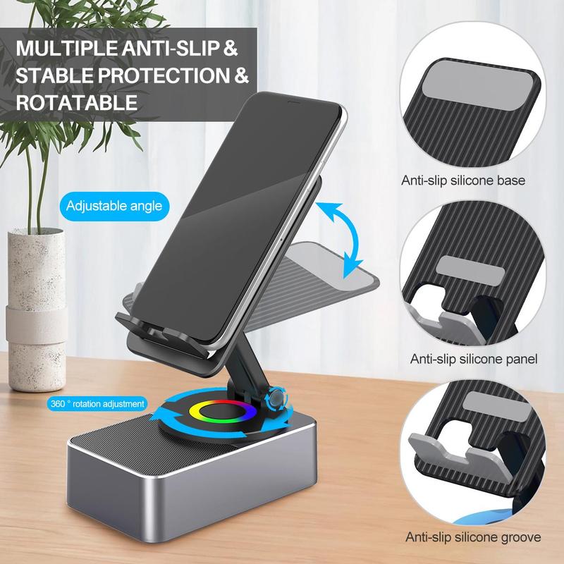 Cell Phone Stand with Wireless Bluetooth Speaker, HD Surround Sound, Rotatable Angle, Adjustable Anti-Slip Base, Perfect for Home Outdoor Use, Compatible with iPhone iPad Android, Portable Speaker Stand, Hands-Free Viewing, Compact Design