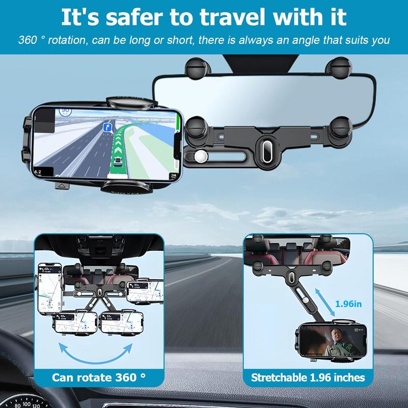 Car Rearview Mirror Phone Holder, 360° Rotatable & Retractable Phone Mount, Multifunctional GPS Holder with Anti-shake Design