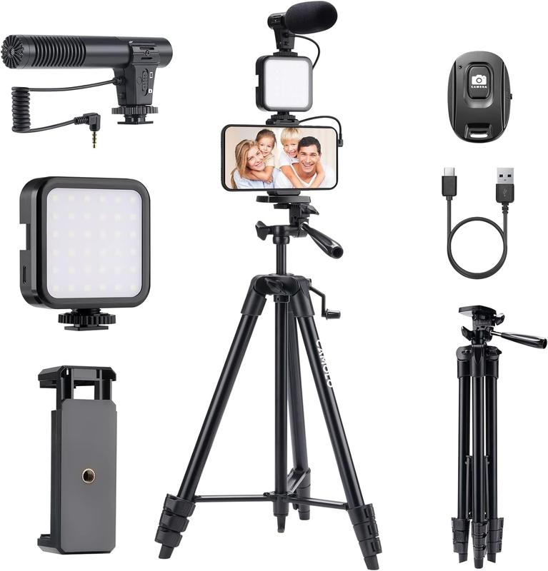 CAMOLO Vlogging Kit, Smartphone Vlog Kit with Microphone with LED Light, Phone Tripod 63.6 inches with Wireless Remote, Vlogging Camera for YouTube with Tripod