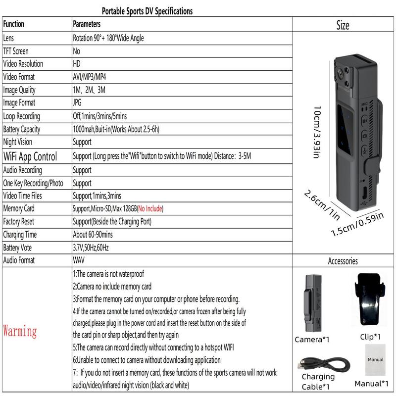 Wireless Portable Body Camera, Wearable Sports Camera with IR Night View & 270 Degree Rotation Lens, Vlog Digital Recorder Support WiFi Hotspot