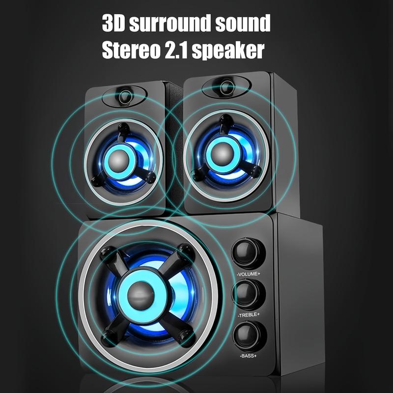 A Set of 2.1 Channel Mini Desktop Computer Speaker, Led Colorful Breathing Light, USB Powered, 3.5mm Stereo Audio, Suitable for PC, Laptop, Tablet, Home Theater, TV, Multi-Function Audio