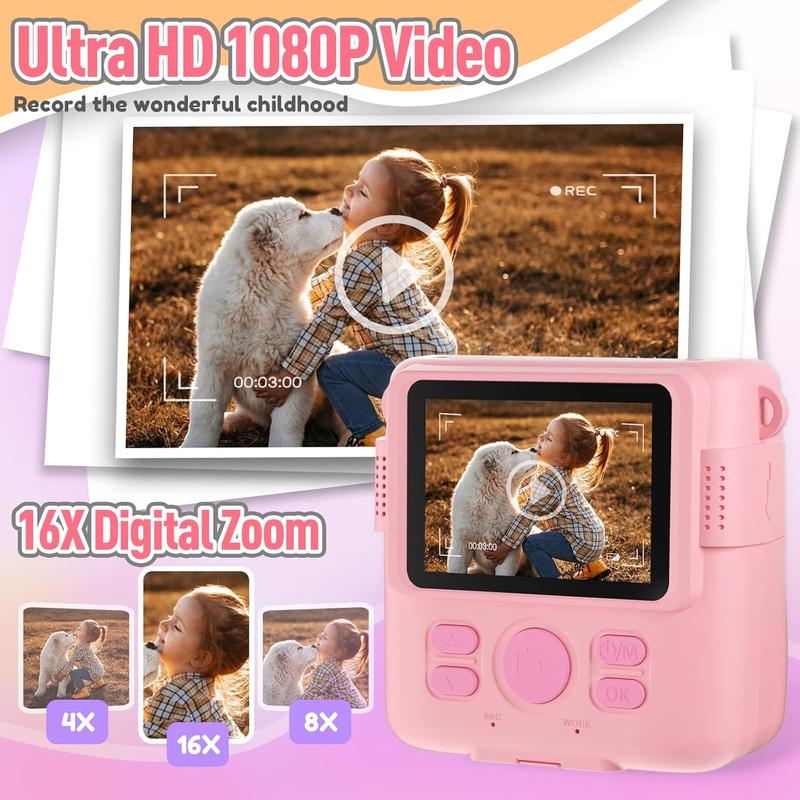 Instant Print Camera for Kids, Christmas Birthday Gifts for Girls Boys, HD Digital Video Cameras for Toddler, Portable Toy for 4 5 6 7 8 9 10 Year Old Girl with 32GB SD Card