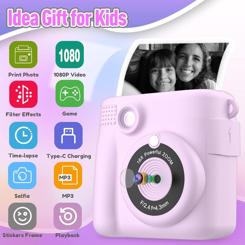 Instant Print Camera for Kids, Christmas Birthday Gifts for Girls Boys, HD Digital Video Cameras for Toddler, Portable Toy for 4 5 6 7 8 9 10 Year Old Girl with 32GB SD Card