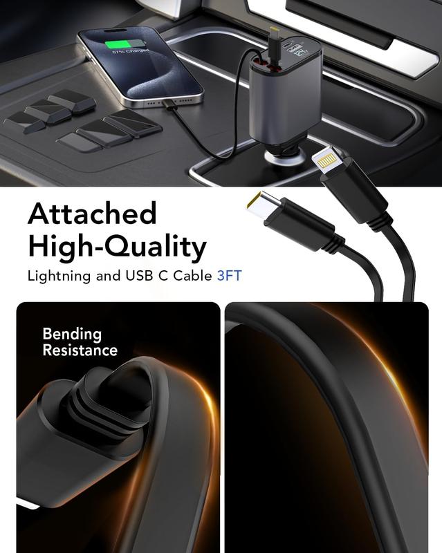 Retractable Car Charger, 4 in 1 Fast Car Phone Charger 66W, 2 Retractable Cables and USB Car Charger,Compatible with iPhone 16 15 14 13 12 11,Galaxy,Pixel,Christmas and New Year gifts