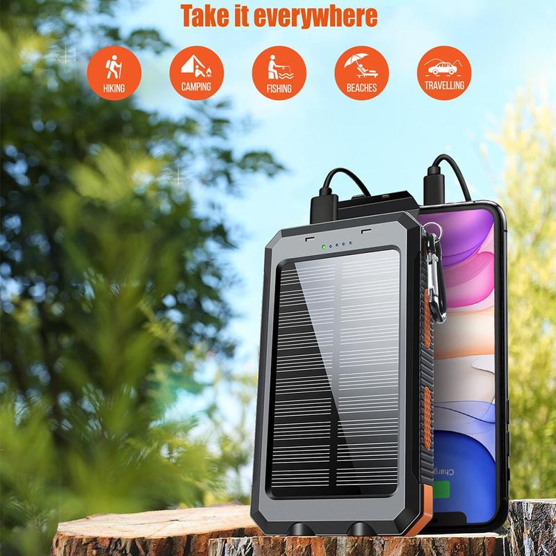 Solar Powered Power Bank, 10000mAh Portable Solar Power Bank with Flashlight, Dual USB Output Port Power Bank for iPhone, Android, Samsung, Smartphone