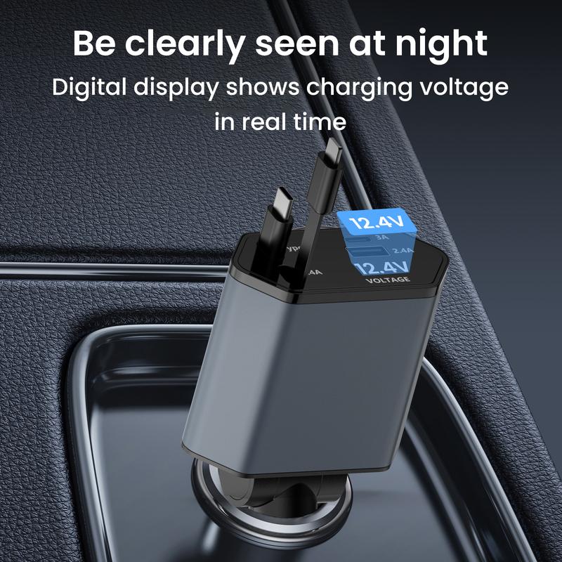 Retractable Car Charger, 66W 4 in 1 Super Fast Charge Car Phone Charger, Retractable Cables and 2 USB Ports Car Charger Adapter for iPhone 15 14 13 12 Pro Max XR, iPad, Samsung, Christmas Gifts