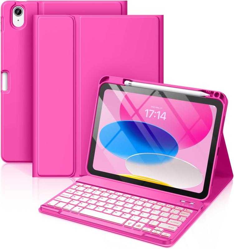 iPad 10th Generation Case with Keyboard 10.9 Inch - 7 Colors Backlit Wireless Detachable Folio Keyboard Cover with Pencil Holder for New iPad 10th Gen 2022 (Hot Pink)