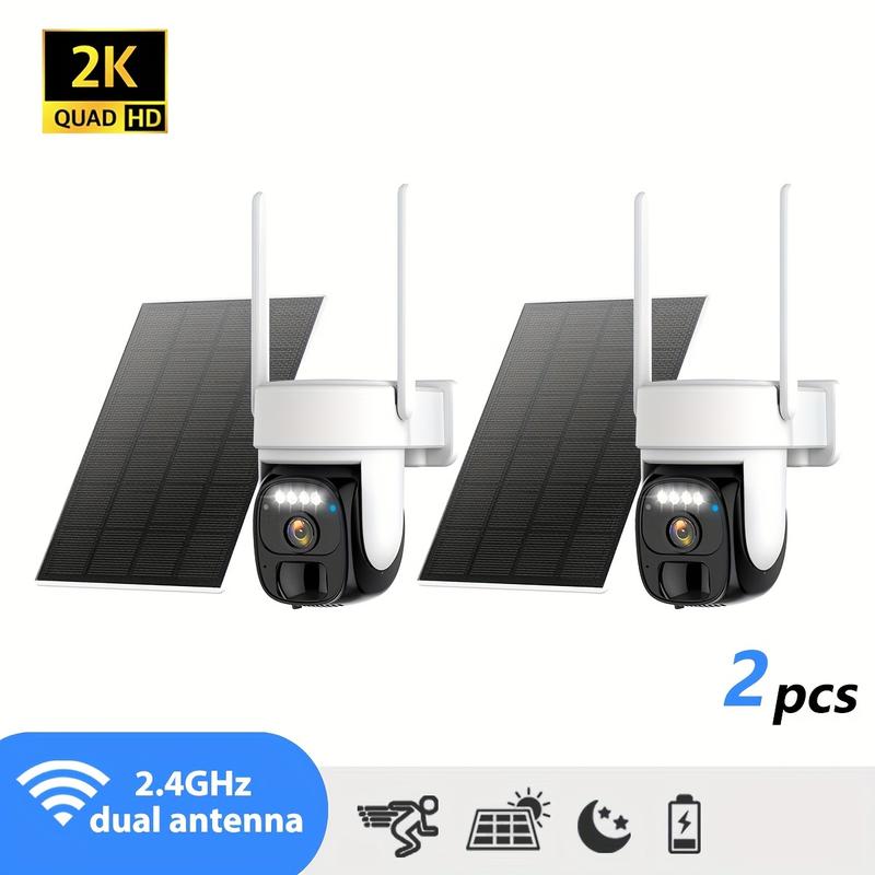 2pcs Wireless Outdoor Solar Security Camera, 2K 360° Panoramic Tilt Low Power WiFi Security Camera, 2.4GWiFi, Ptz With AI Motion Detection, Color Night Vision, Two-way Audio, Cloud Storage, Application Connectivity Waterproof