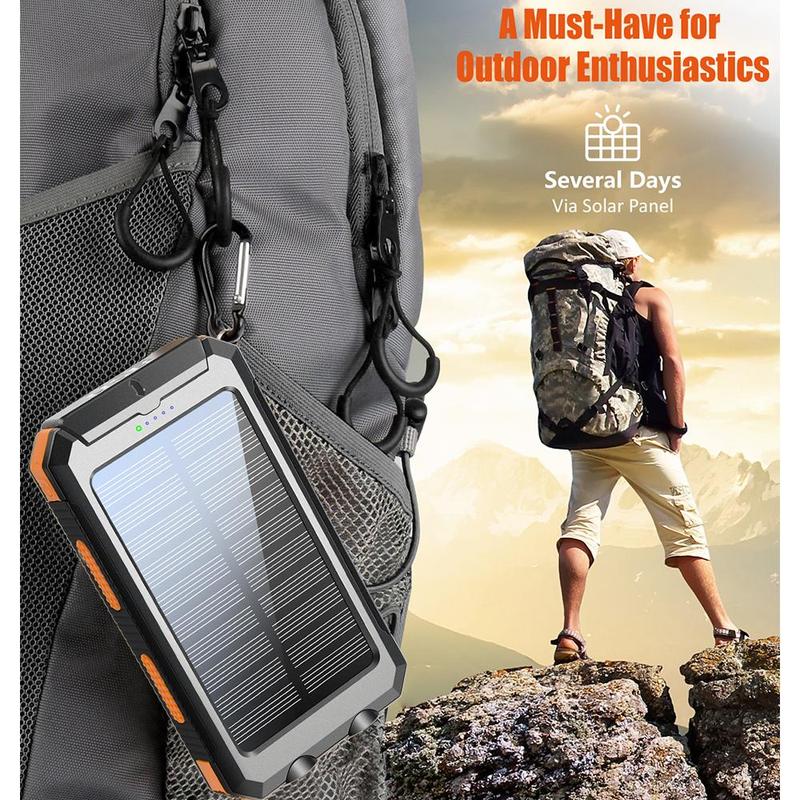 Solar Powered Power Bank, 10000mAh Portable Solar Power Bank with Flashlight, Dual USB Output Port Power Bank for iPhone, Android, Samsung, Smartphone