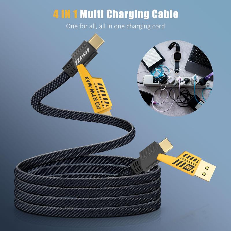 Dual Head Type-c Data USB 4-in-1 PD 65W Fast Charging Cable for iPhone15 14 13 12 11 Pro Max XS MAX XR XS X 8 iPad Xiaomi Honor Vivo Samsung Smartphone Cellphone Charger J3 Notebook Phone Android Devices Durable Electronic Mobile