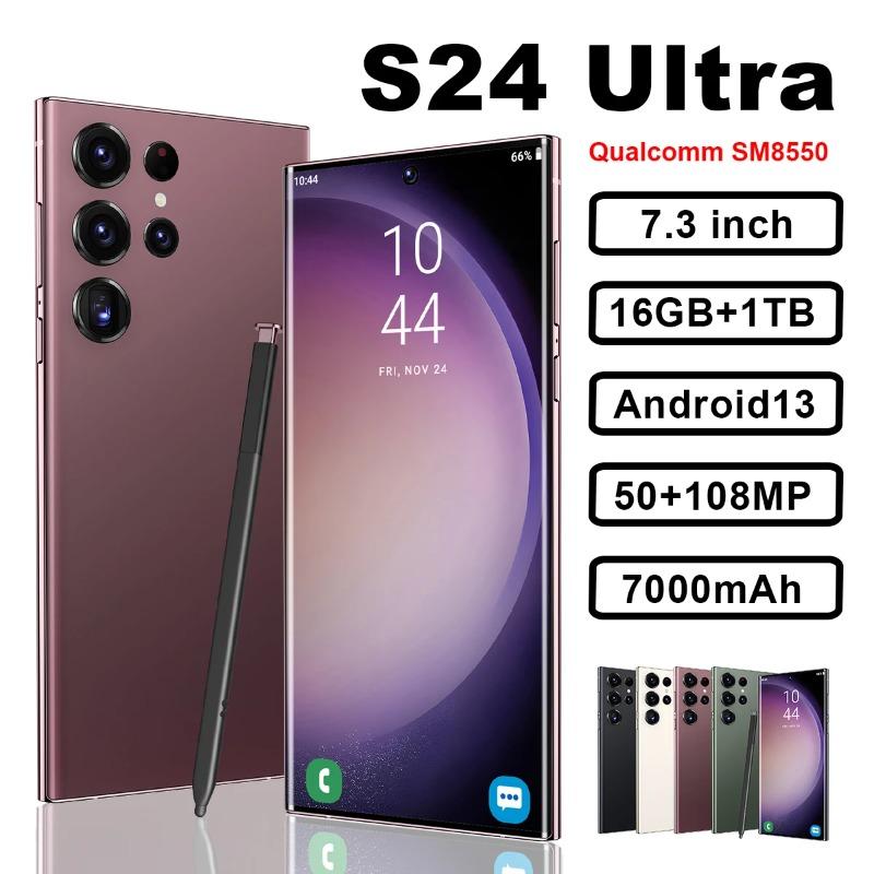 QEK S24 Ultra Phone 7.3 HD Screen Smartphone Original 16GB+1TB 4G Dual SIM Celulares Android Unlock 8000mAh S24 Ultra 5G Smartphone with NFC Built in Pen True 4G 5G 13 megapixel True Perforation Student Home Phone Work Phone