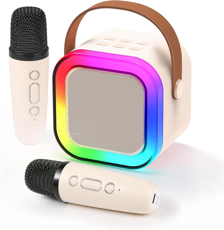 Karaoke Machine for Kids Adults, Mini Karaoke Machine with 2 Wireless Microphones, Portable Bluetooth Speaker with Voice Changing Effects & LED Lights, Best Gifts Toys for Girls and Boys Beige Room Accessories Portable Mini family gathering