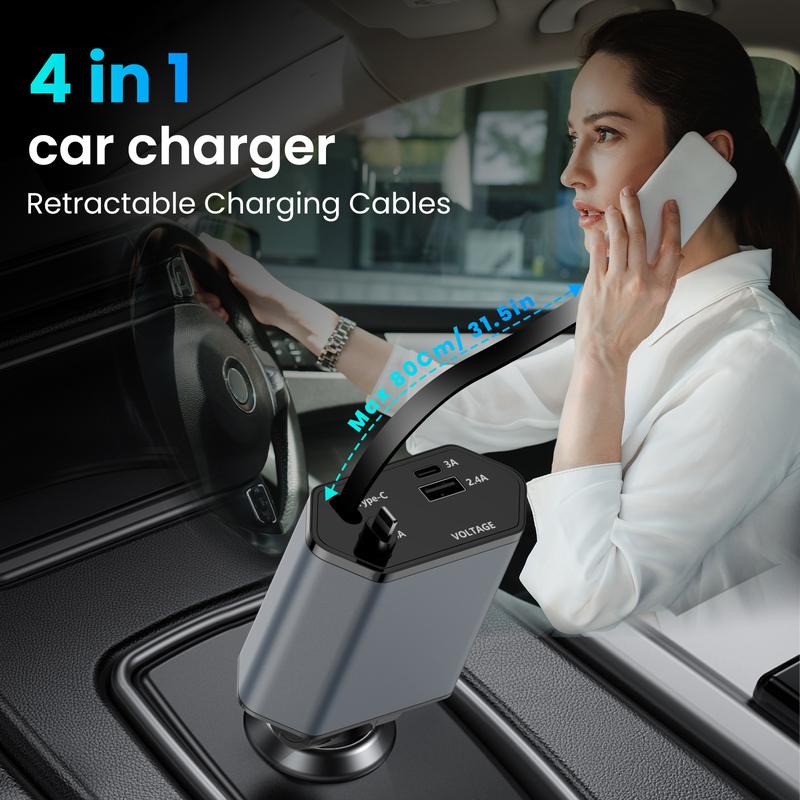 Retractable Car Charger, 66W 4 in 1 Super Fast Charge Car Phone Charger, Retractable Cables and 2 USB Ports Car Charger Adapter for iPhone 15 14 13 12 Pro Max XR, iPad, Samsung, Christmas Gifts