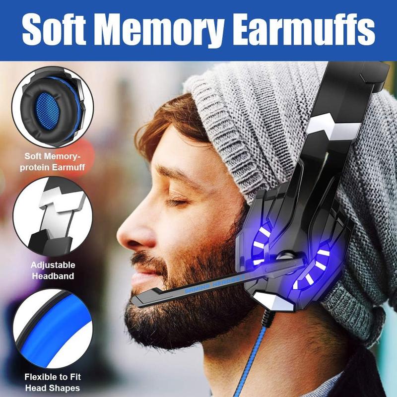 Stereo Gaming Headset for PS4 PC Xbox One PS5 Controller, Noise Cancelling Over Ear Headphones with Mic, LED Light, Bass Surround, Soft Memory Earmuffs (Blue)