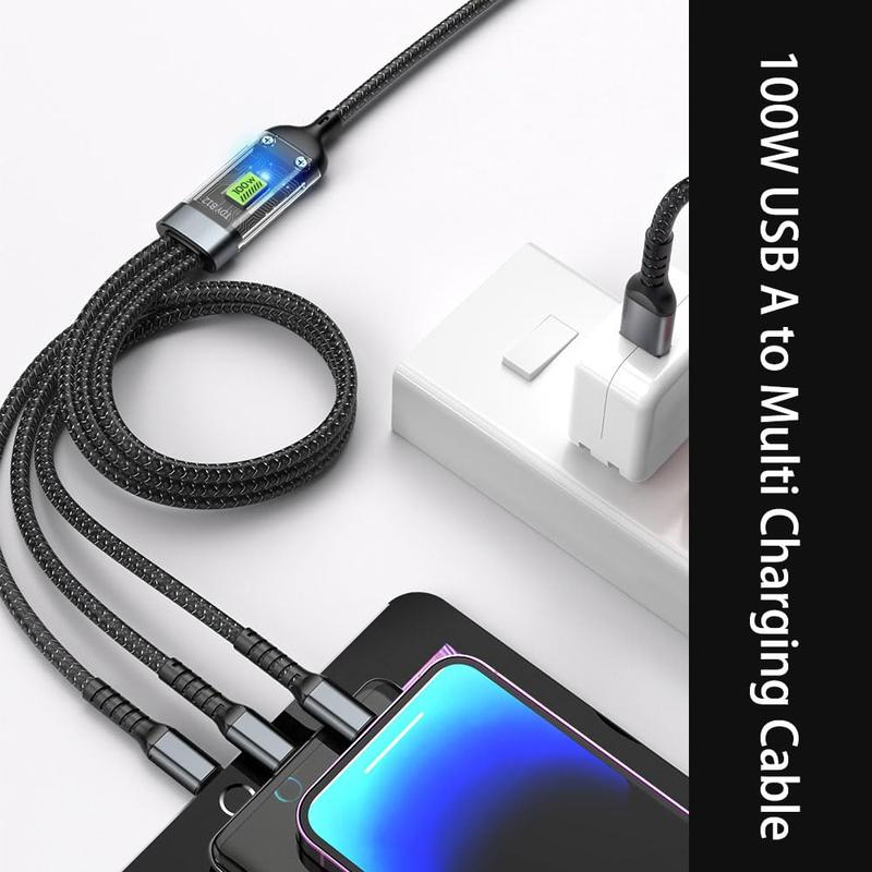 USB Cable Fast Charger, 100w Super Fast Charging Cable, Durable Nylon braiding,  Smartphone 4 in 1 charging cable for Type-C, iPhone, and Android Devices Cellphone Charging cables Electronic Plug