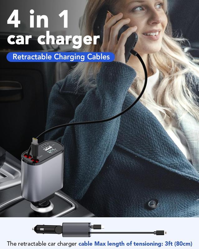 Retractable Car Charger, 4 in 1 Fast Car Phone Charger 66W, 2 Retractable Cables and USB Car Charger,Compatible with iPhone 16 15 14 13 12 11,Galaxy,Pixel,Christmas and New Year gifts