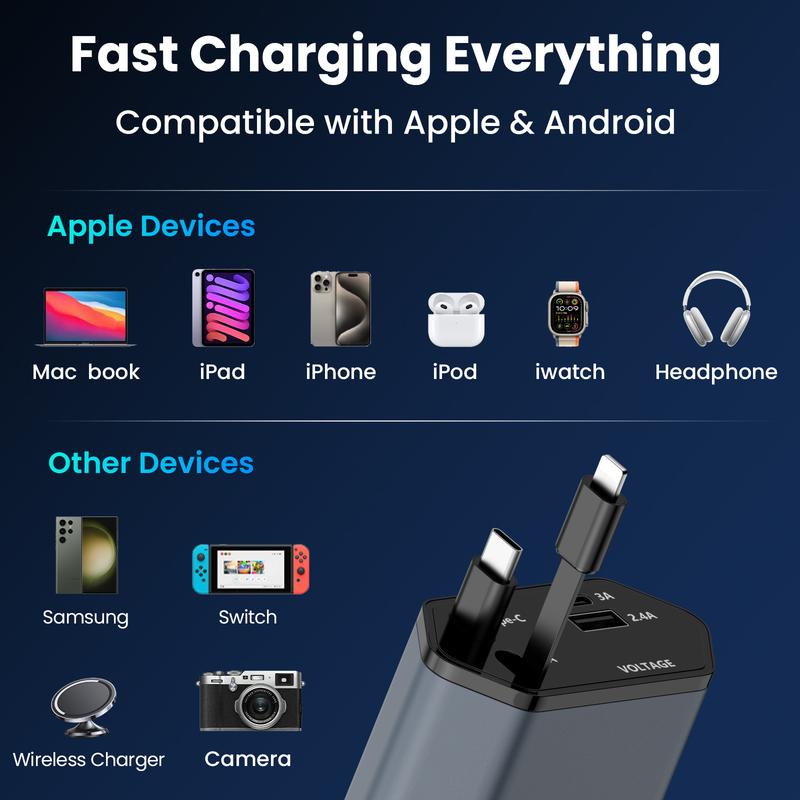 Retractable Car Charger, 66W 4 in 1 Super Fast Charge Car Phone Charger, Retractable Cables and 2 USB Ports Car Charger Adapter for iPhone 15 14 13 12 Pro Max XR, iPad, Samsung, Christmas Gifts