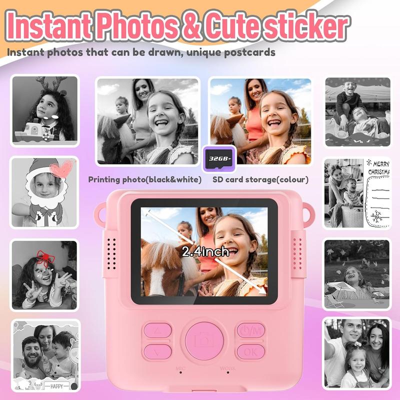 Instant Print Camera for Kids, Christmas Birthday Gifts for Girls Boys, HD Digital Video Cameras for Toddler, Portable Toy for 4 5 6 7 8 9 10 Year Old Girl with 32GB SD Card