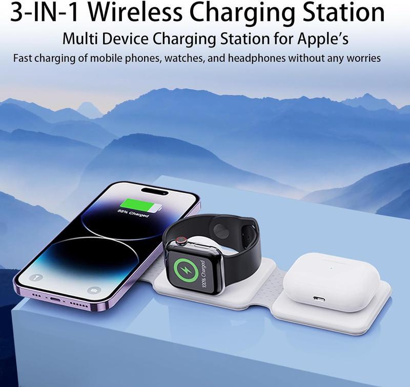 Style 3 in 1 Wireless Charger for iPhone, Magnetic Foldable 3 in 1 Charging Station, Travel Charger for Multple Devices for iPhone 15 14 13 12 Series, AirPods Pro,Watch