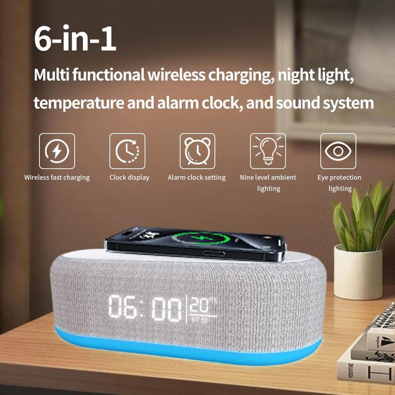 Multifunctional 6-in-1 Desktop Speaker, Creative Night Light with Alarm Clock, Wireless Charger Speaker, Bluetooth-compatible Speaker for Home Office